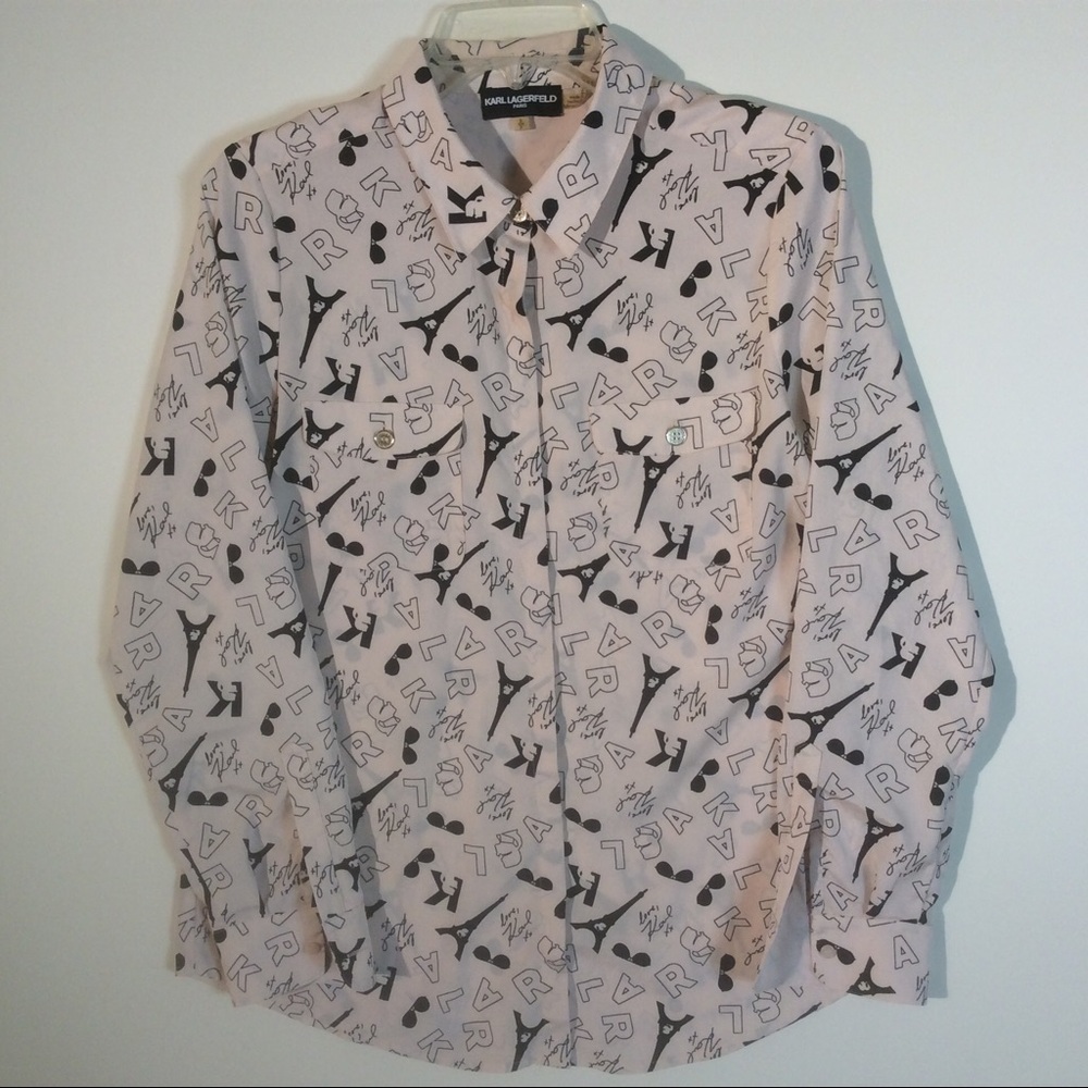 Karl Lagerfeld Light Pink Blouse Shirt Sunglasses Paris Eiffel Tower Roll Tab